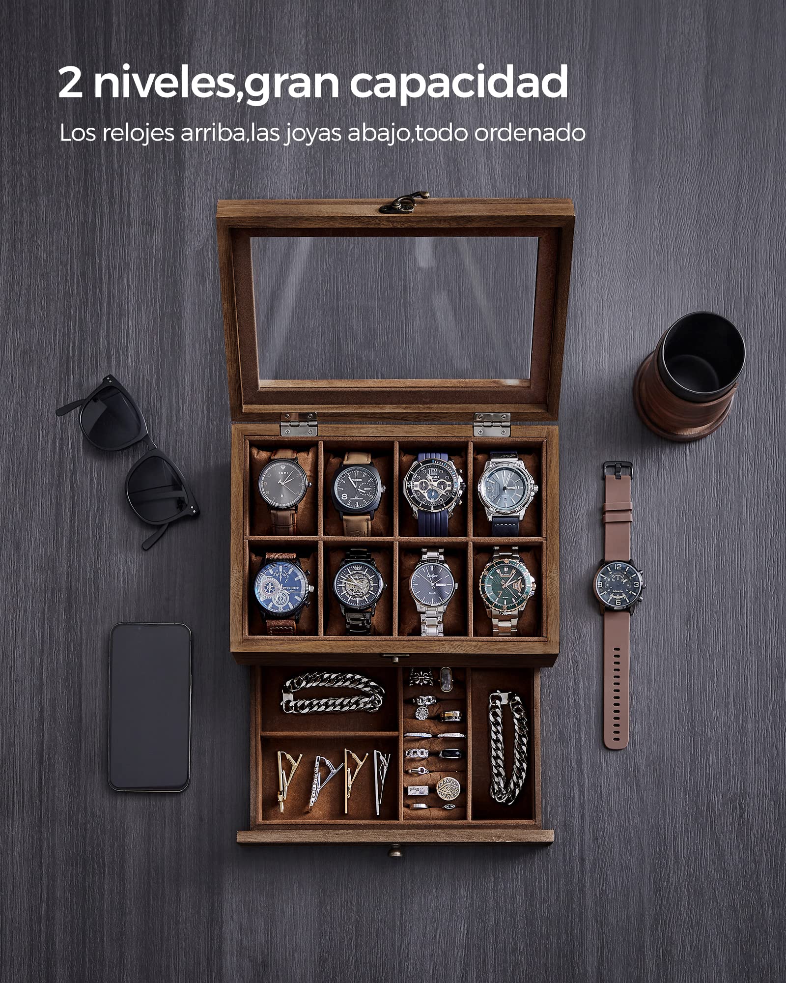 SONGMICS GISELLA Caja de Relojes 8 Ranuras Estuche Madera 2 Niveles Tapa Cristal Nogal Rústico