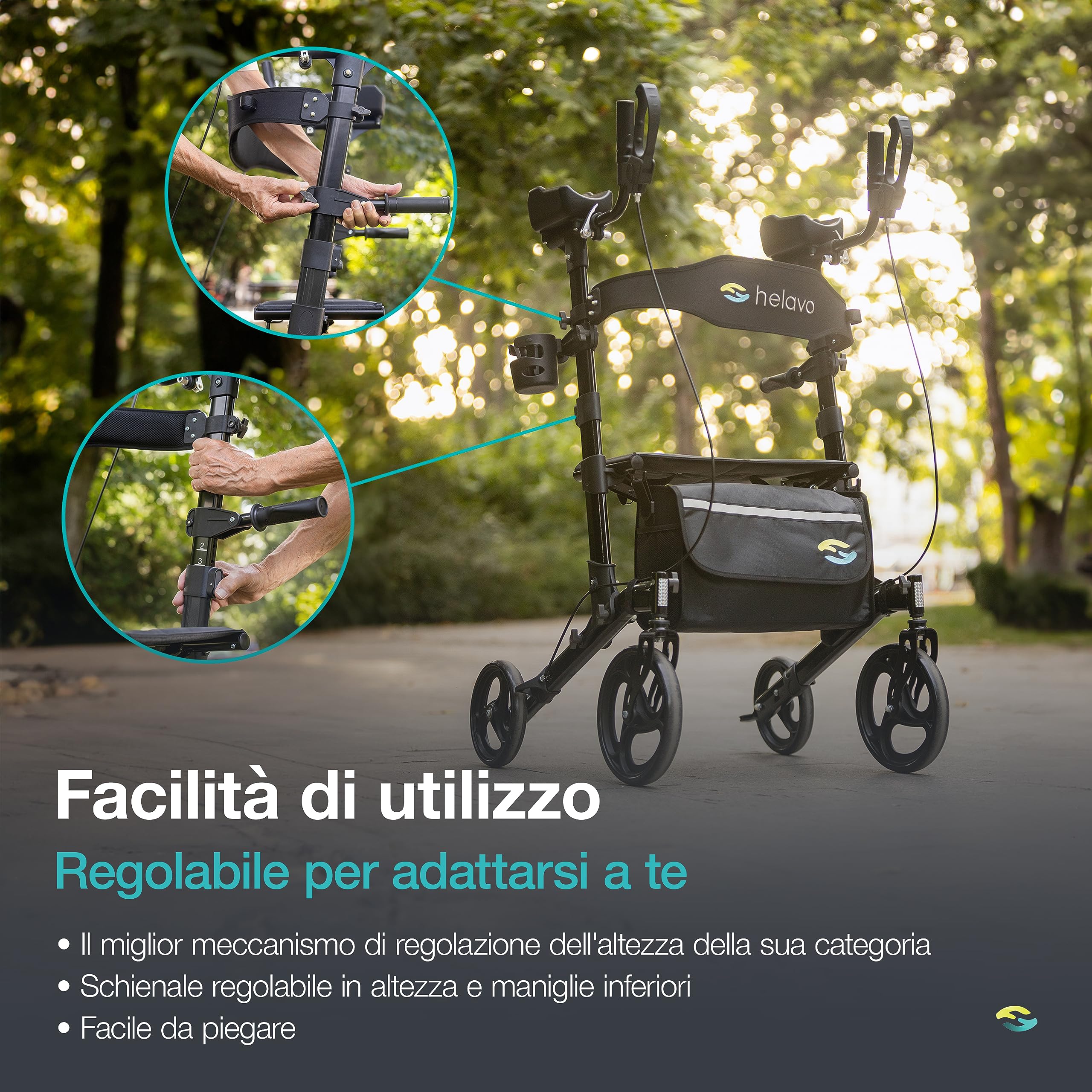 Helavo standing rollator con seduta – deambulatore per anziani pieghevole 4 ruote per interno ed esterno – girello con supporto ascellare, freni, sedile imbottito e schienale regolabile