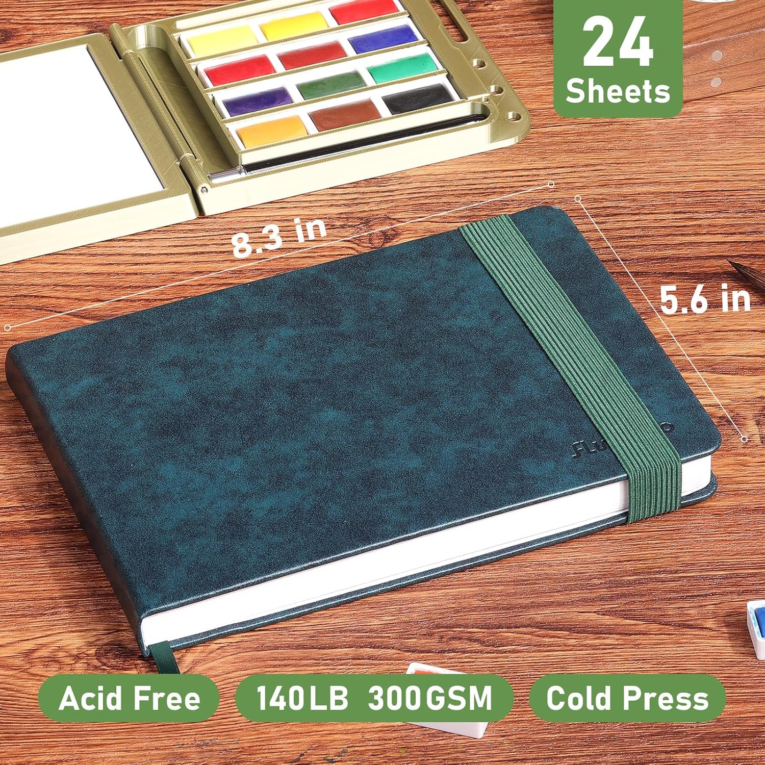 Watercolor Journal 8.3"x5.6"- 100% Cotton, 24 Sheets 48 Pages, 140LB/300GSM Cold Press,Travel Water Color Sketchbook - Perfect for Watercolor, Gouache, Acrylic, Ink & Mixed Media