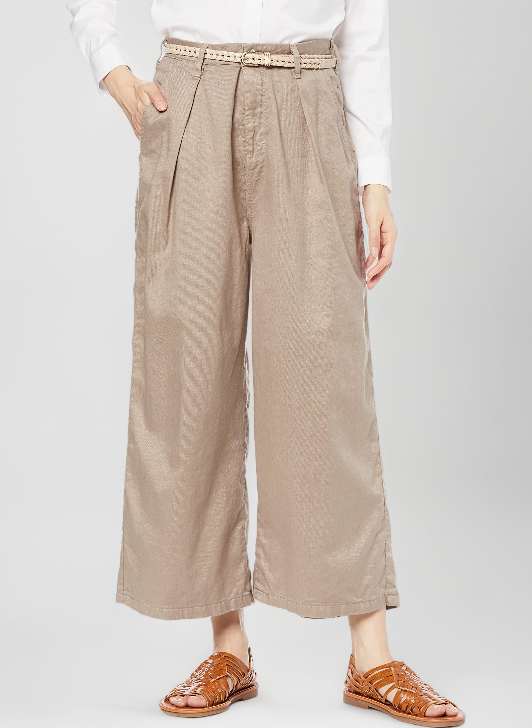 Amazon | [サムシング] ベルト付き タックワイドパンツ 麻素材 SN765