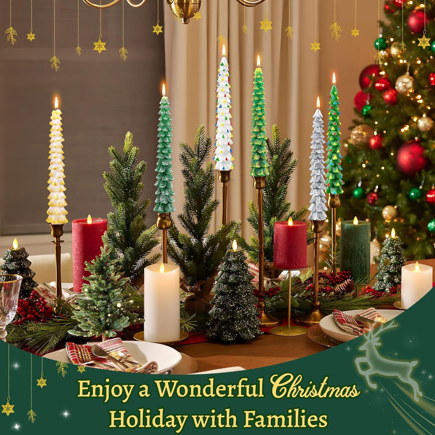 8 Pack Christmas Tree Candles, 10 Inch Pure Beeswax Christmas Tree Shaped Taper Candles for Xmas Holiday Decor, Advent Party Banquet Centerpiece Decoration(Green with Multicolor Trim)