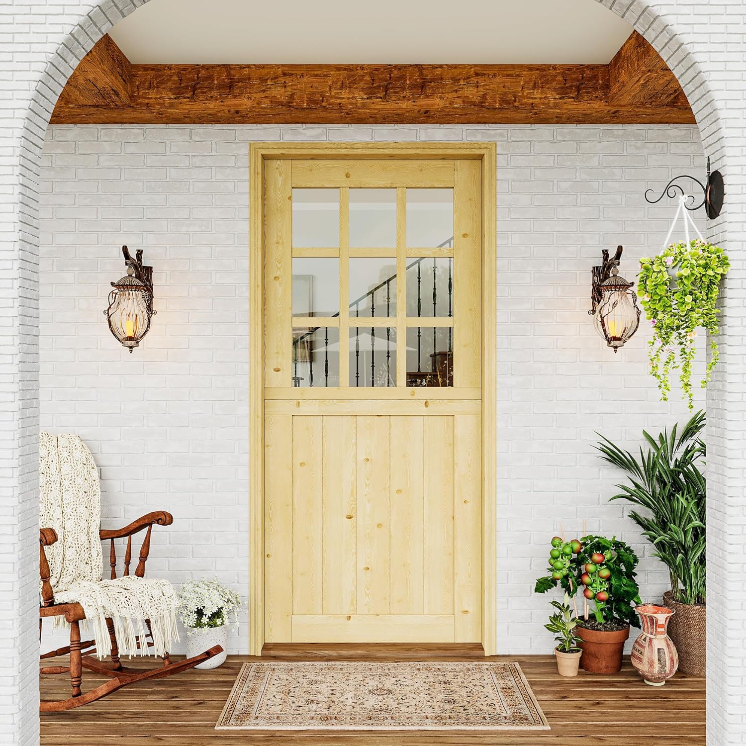 Exterior Prehung Dutch Door, 36" x 80", Universal 9 Lite Tempered Clear Glass and 1 Panel Split Single Doors, Solid Core Home Entry Door, Slab - with 4 Hinges & 1 Latch & Jamb, Jamb Assembly Needed