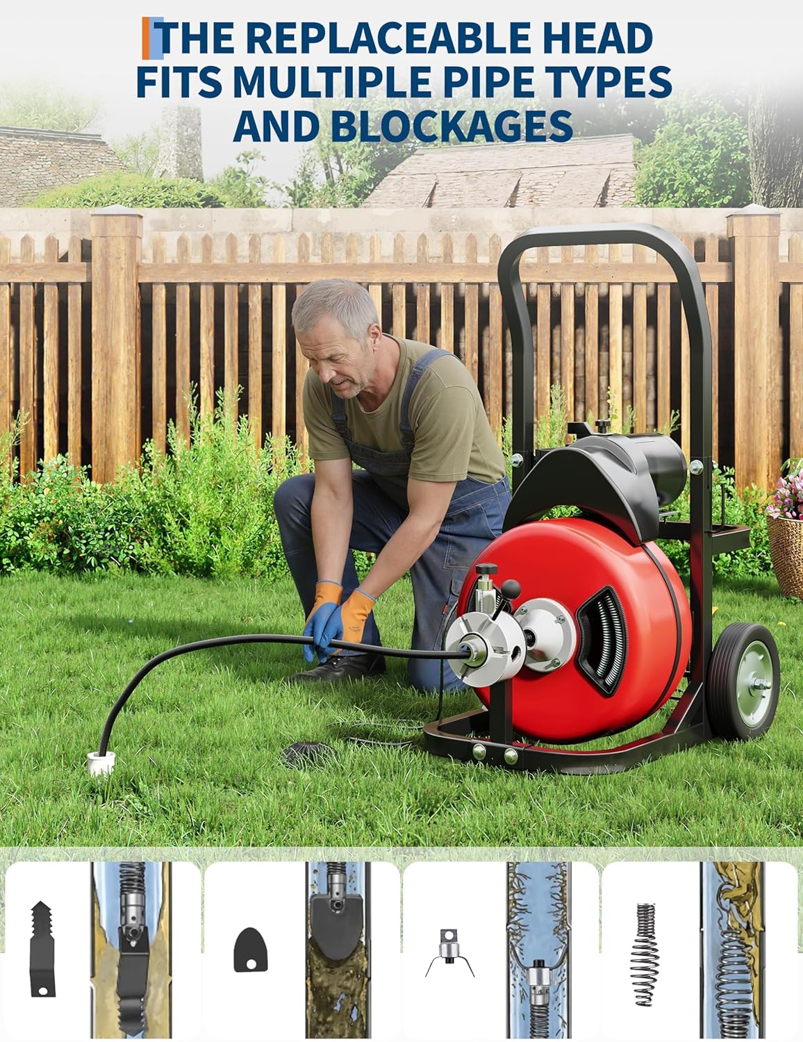Drain Cleaner Machine, Heavy Duty Electric Auger with 75FT Steel Core Cable, Portable Sewer Snake for 1–4 Inch Pipes with Foot Pedal, Cutter Attachments and Gloves for Home Plumbing