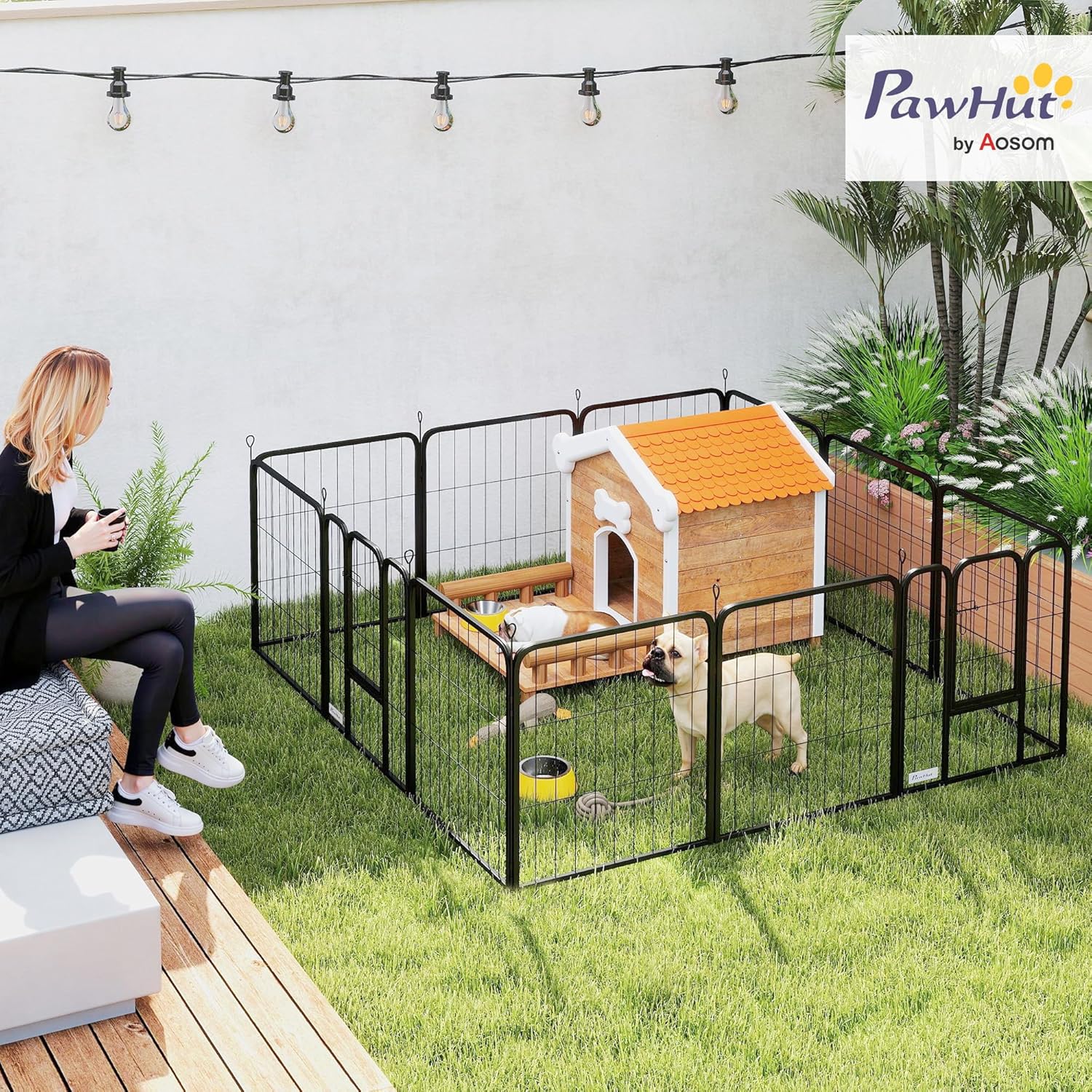 PawHut dog playpen set up outdoors on grass, enclosing a dog house and a small dog.