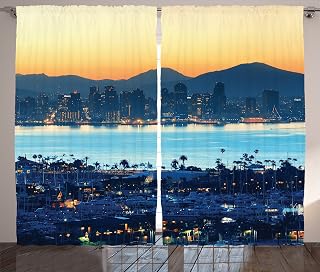 Lunarable USA Curtains, San Diego at Sunrise in Harbor Waterfront Cityscape Business District, Living Room Bedroom Window Drapes 2 Panel Set, 108" X 96", Pale Blue Dark Blue