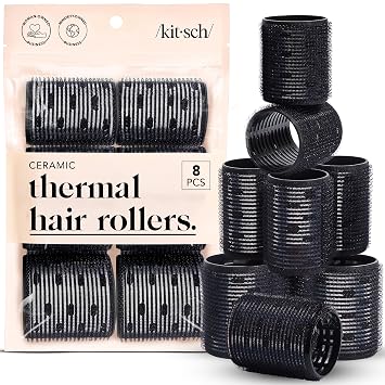 Kitsch Ceramic Hair Rollers for Women Self-Grip Hair Curlers for Heatless Curl Overnight, Long-Lasting Frizz-Free Curls, Volumizing Large Rollers for All Hair Types Black, 8 Count Pack of 1