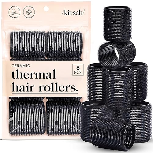 Kitsch Ceramic Thermal Hair Rollers for Women – Self Grip Hair Curlers for Heatless Curls Overnight - Volumizing Large Rollers for Short & Long Hair - For Long Lasting Frizz-Free Curls - Black, 8pcs - 1 Count (Pack of 8) - Black