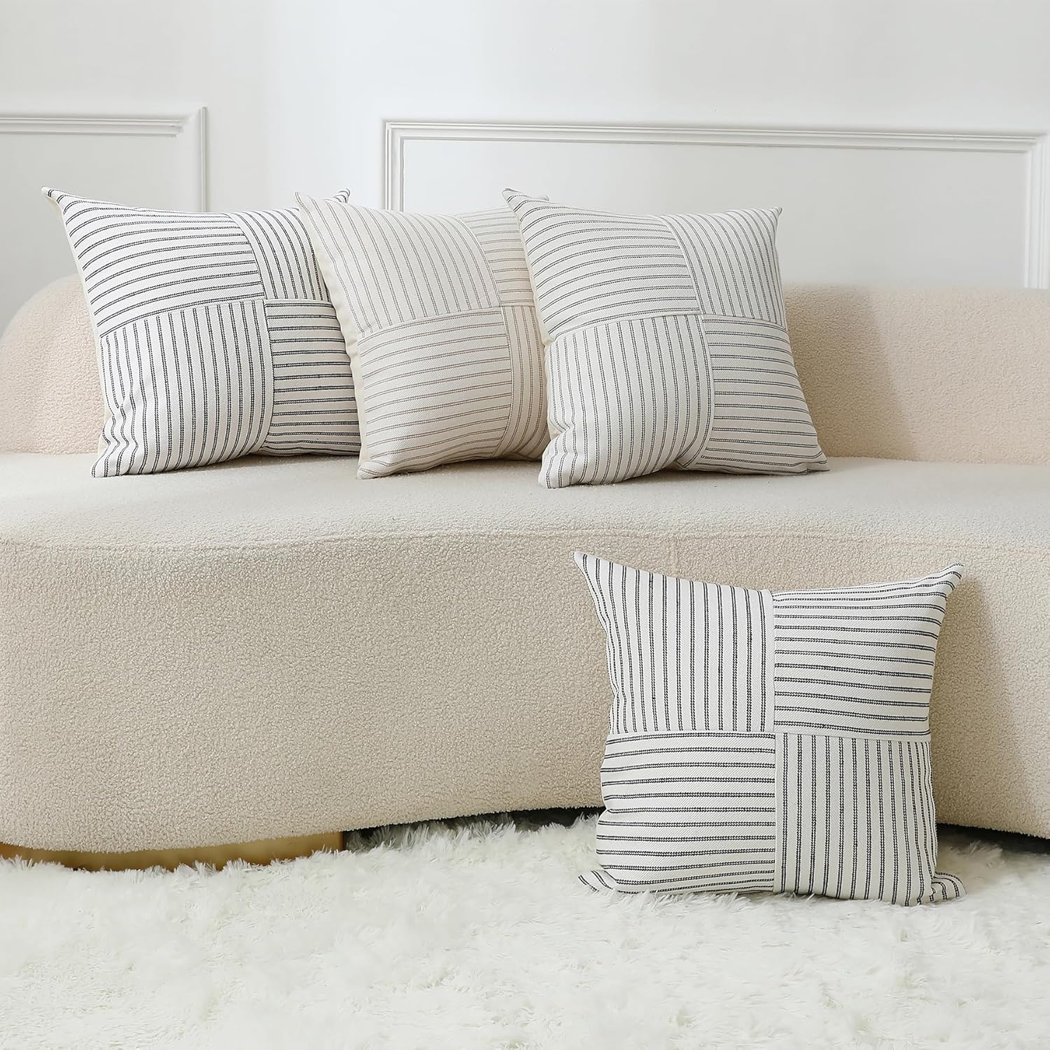 MYCDXE Throw Pillow Covers 16 x 16 Inch Farmhouse Pillow Covers, Set of 2 Gray Striped Textured Patchwork Squarer Pillow Case for Sofa Sofa Chair Bedroom Modern Decor - Image 6