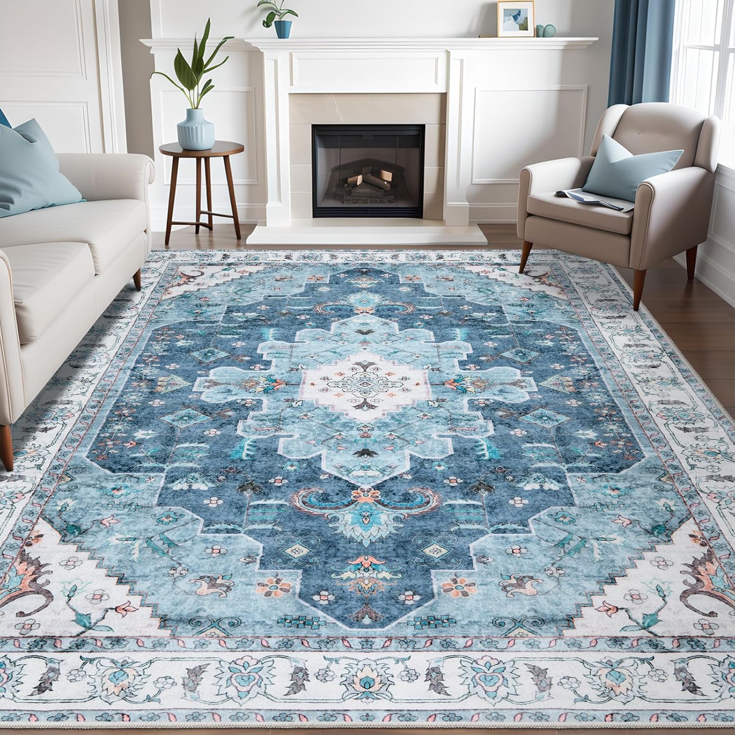 SERISSA Boho 8x10 Area Rugs Blue, Washable Vintage Large Living Room Rug Non-Slip, Ultra Soft Oriental Print Distressed Traditional Farmhouse Carpet for Dining Room Bedroom Dorm Office Home Decor 8' x 10' (Rectangular) Vintage Blue