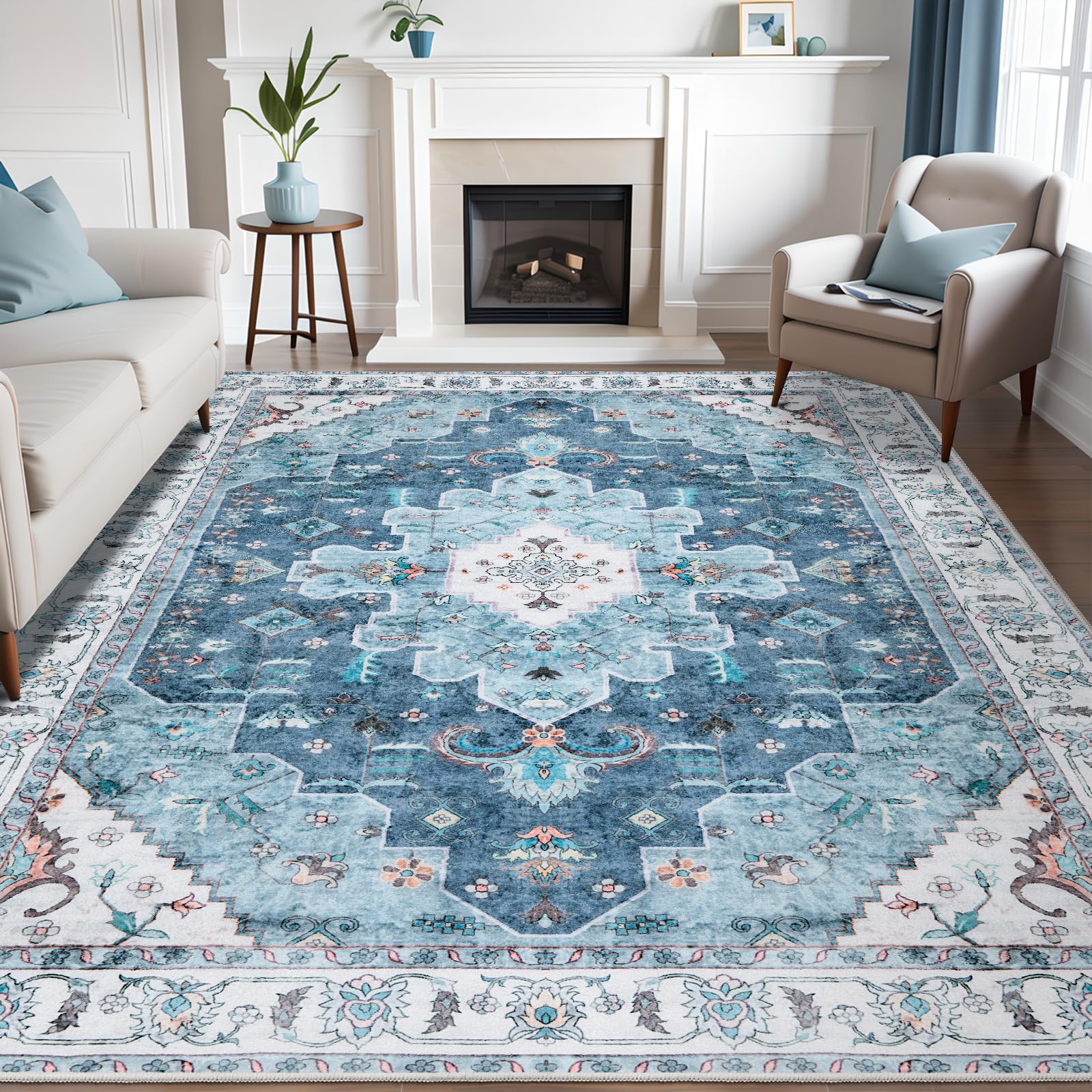 SERISSA Boho 8x10 Area Rugs Blue, Washable Vintage Large Living Room Rug Non-Slip, Ultra Soft Oriental Print Distressed Traditional Farmhouse Carpet