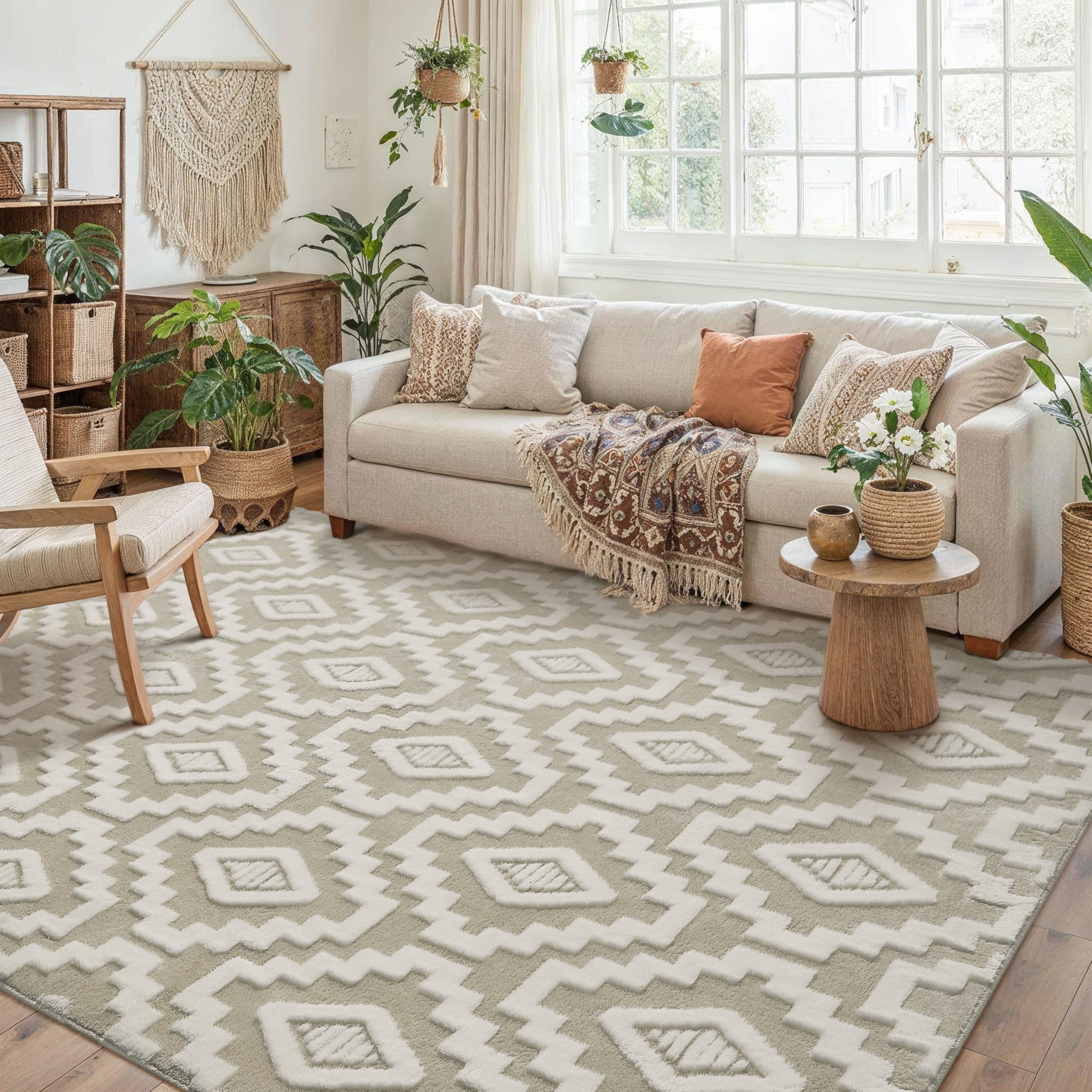 PureCozy Area Rug Living Room 150x210cm, Fluffy Modern Soft Washable Rugs with Non-Slip Backing, Machine Washable,Short Pile Carpet for Kitchen, Office, Dining Room Playroom Indoor,Beige & White — image 1