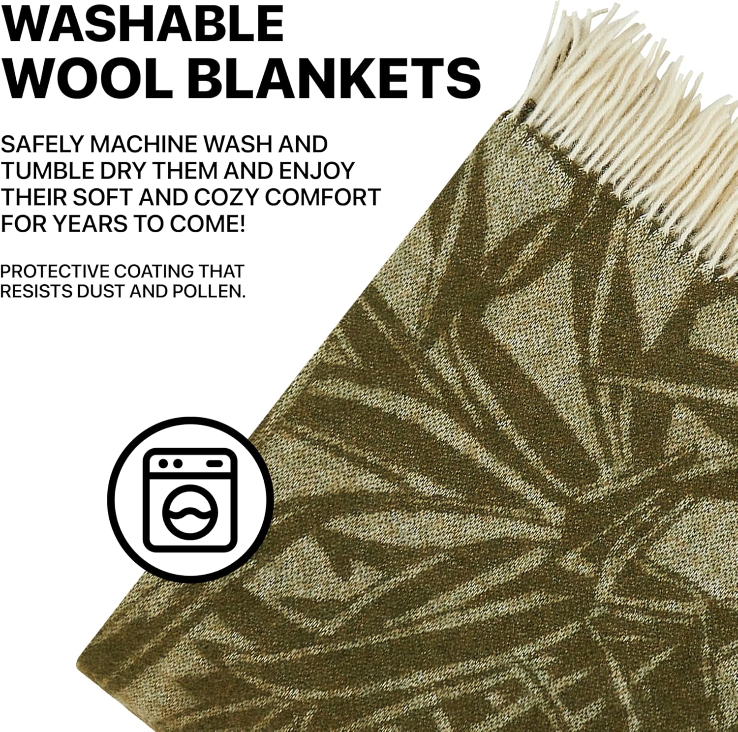 | Wool Blanket/Throw | 100% New Zealand Wool | Perfect for Home and Outdoors | Virgin Wool Blanket with Fringes 55"x79" (140 x 200 cm) (Olive Leaves)