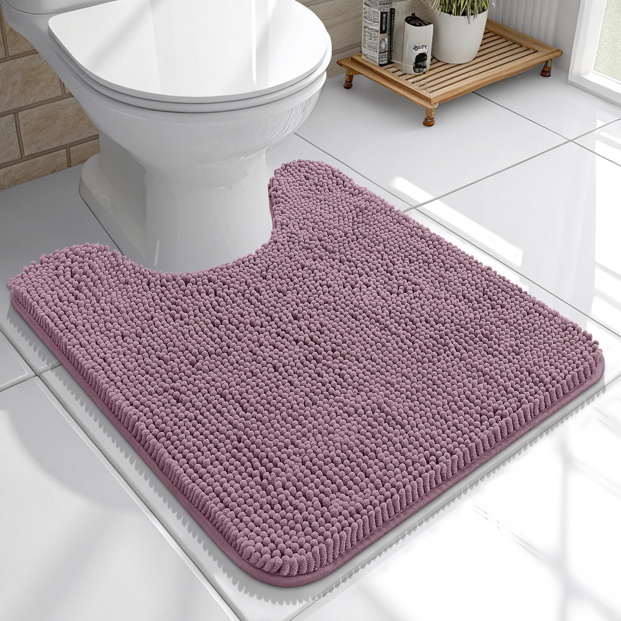 OLANLY Toilet Rugs U-Shaped 20x20, Soft Absorbent Chenille Contour Rugs | Deep Plum, Quick-Drying Rubber Backing, Machine Washable Non-Slip Shaggy Bathroom Mat for Toilet, Home Decor Accessories