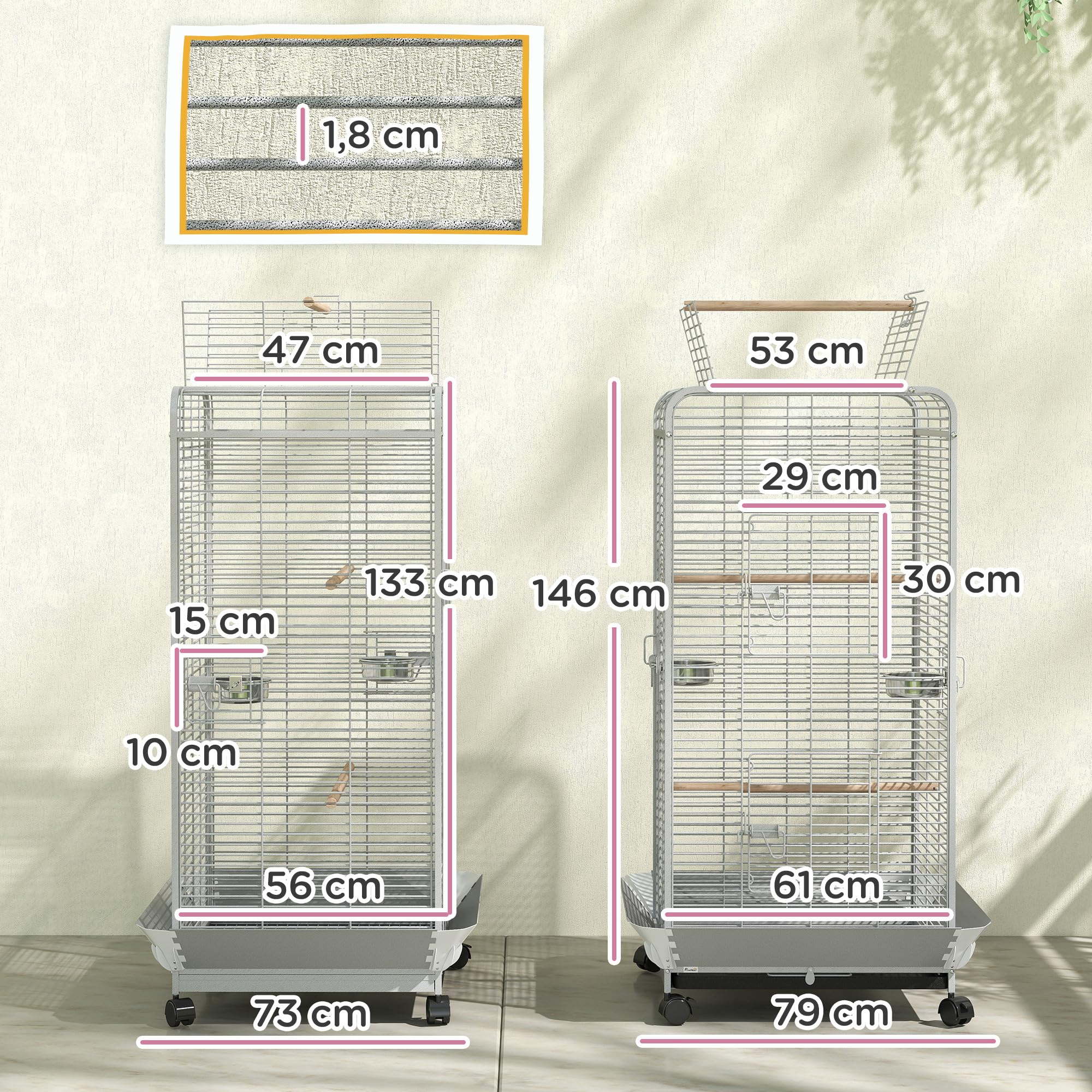 PawHut Jaula para Pájaros con Ruedas Jaula para Loros Bandeja Desmontable y Perchas Comederos Pajarera para Cotorras Cacatúas 79x73x146 cm Gris Claro