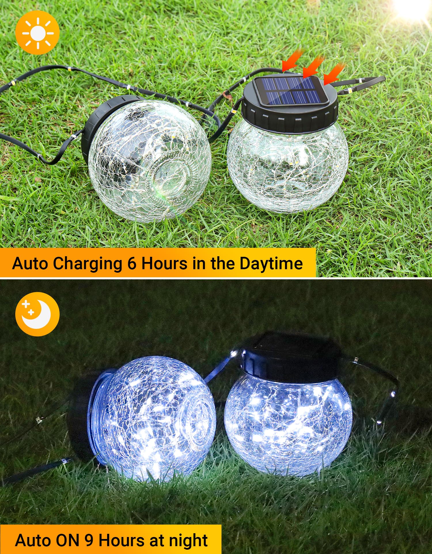 PARTPHONER Luci solari per esterni, impermeabili, confezione da 12, lanterne da appendere ad energia solare, in vetro incrinato, per decorazione da cortile, decorazione natalizia, gancio da pastore