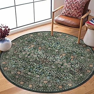 Moss Green Round Rug 4ft - Washable Boho Floral Round Entryway Rug