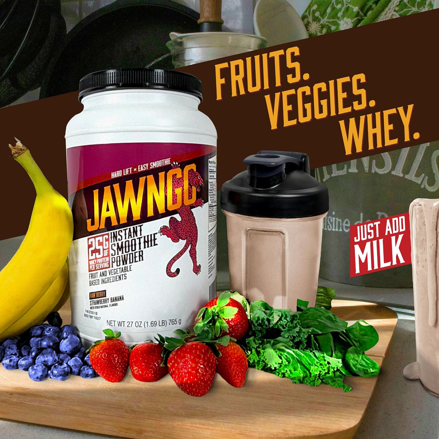 Strawberry Protein Smoothie Powder – 25G Whey Protein + Real Fruits & Vegetables – Blueberry, Strawberry, Banana, Spinach, Turmeric, Coconut Milk – Smooth Texture, Great Taste – 15 Servings