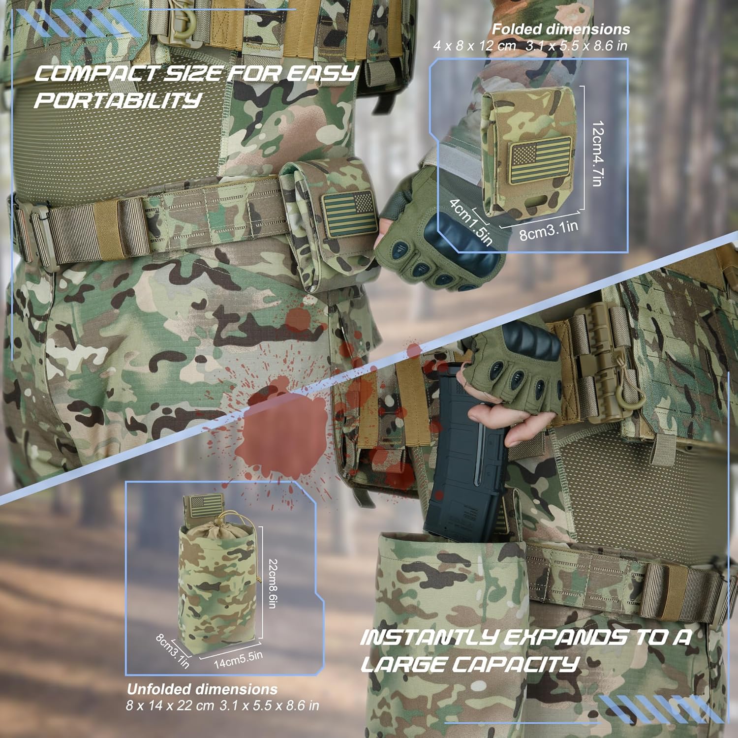 Tactical Dump Pouch for Battle Belt & MOLLE Systems | Foldable Mag Pouch with Drawstring Closure | for Hunting, Duty, Paintball | Includes Flag Patch