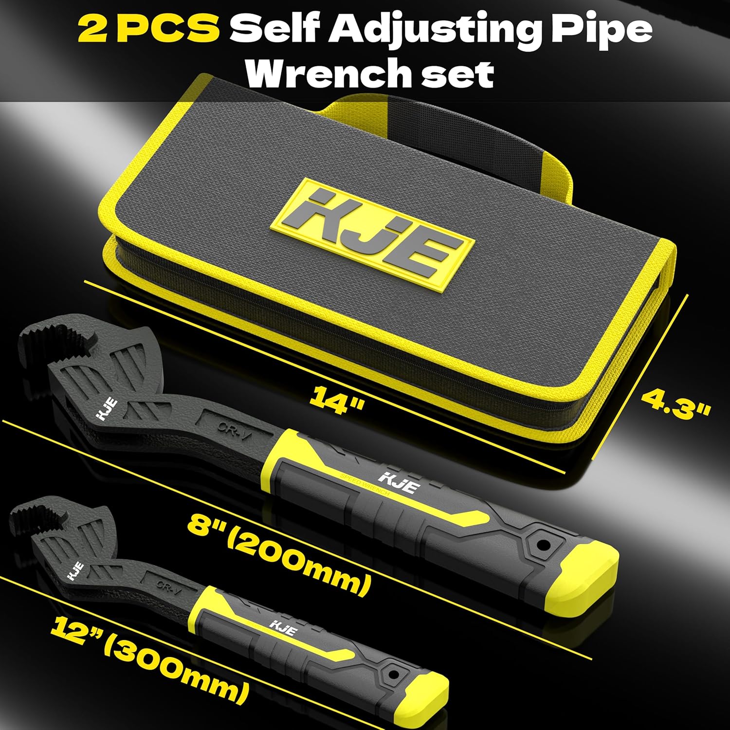 KJE 2PCS 8” and 12” self-adjusting pipe wrench set，Self Adjusting Wrenches, self-locking wrench Set with 3/8 to 1-3/4 inch Jaw Open, for Pipe Fittings and Nuts