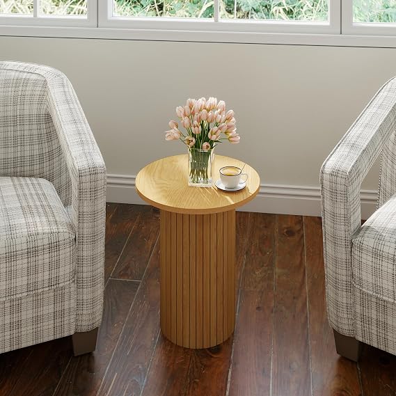 COVLON Round Side Table, Fluted Drum End Table, Tambour Accent Table