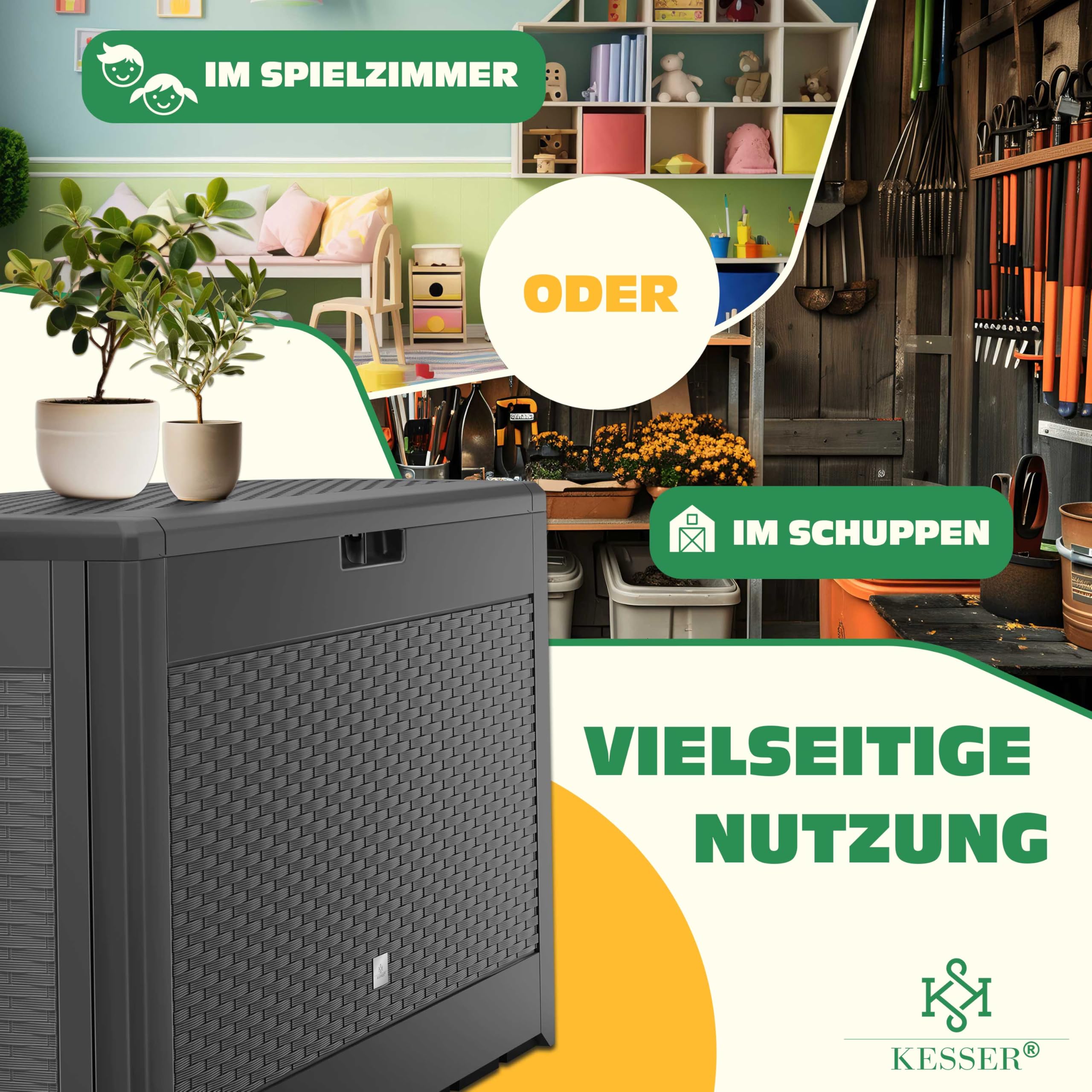 KESSER® Auflagenbox Kissenbox 𝟯𝟭𝟬𝗟, Klicksystem, mit Rollen & Haltegriffen, Deckel mit Hubautomatik, abschließbar, bis zu 290kg, Gartenbox Wasserdicht, Vielseitige Kissenbox, Rattanoptik-Anthrazit