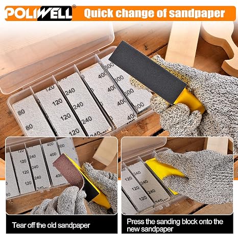 POLIWELL 120pcs Micro Detail SanderPaper Kit with Storage Box,3.5 x 1 Hand Sanding Block for Small Projects,3-in-1 Sand Paper Kit,80-600 Grit Sandpaper Assortment Pack for Wood Tight Narrow Spaces