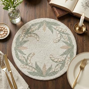 Set of 2Handmade Beaded Round Placemat, Lily of the Valley Floral Design, 14x14 Inch - Decorative Table Mat for Dining Room, Weddings, and Vintage Home Decor Cream and Sage Green