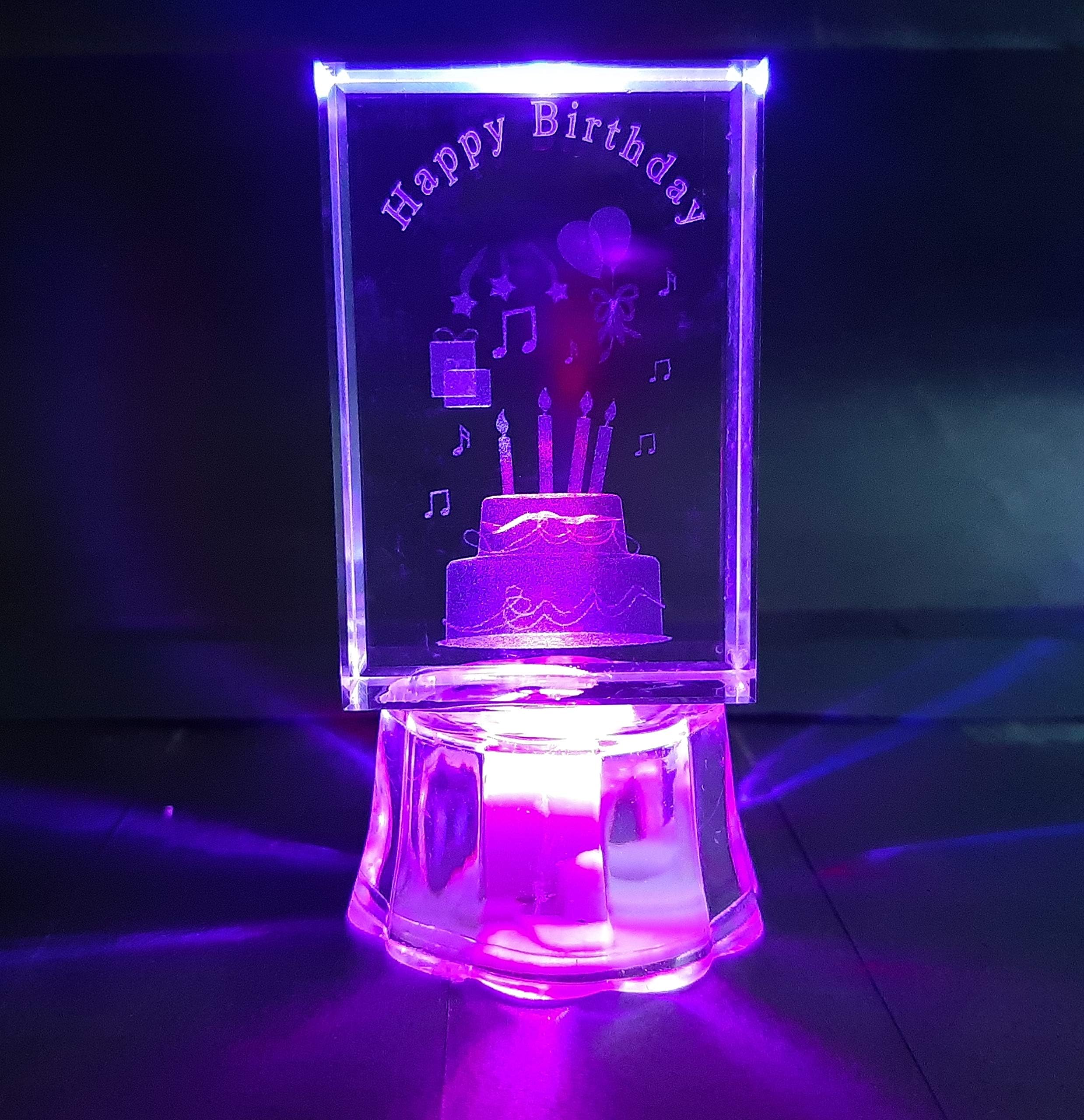 Robin Teper Crystal 0009 Square 3D LED Happy Birthday and Cake Laser Image Cube Light with Multicolour Light Base with Blinking, Transparent, Tag Line (LxBxH 4x4x8 cm, 150 G)