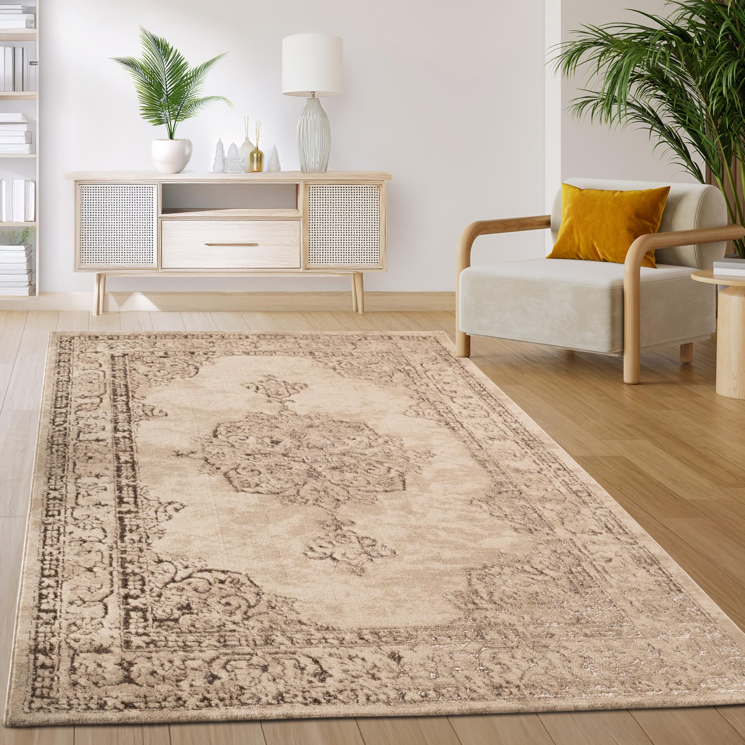Paco Home Teppich Wohnzimmer Schlafzimmer Kurzflor Vintage Orientalisch Abstraktes Muster Modern Beige, Grösse:240x340 cm