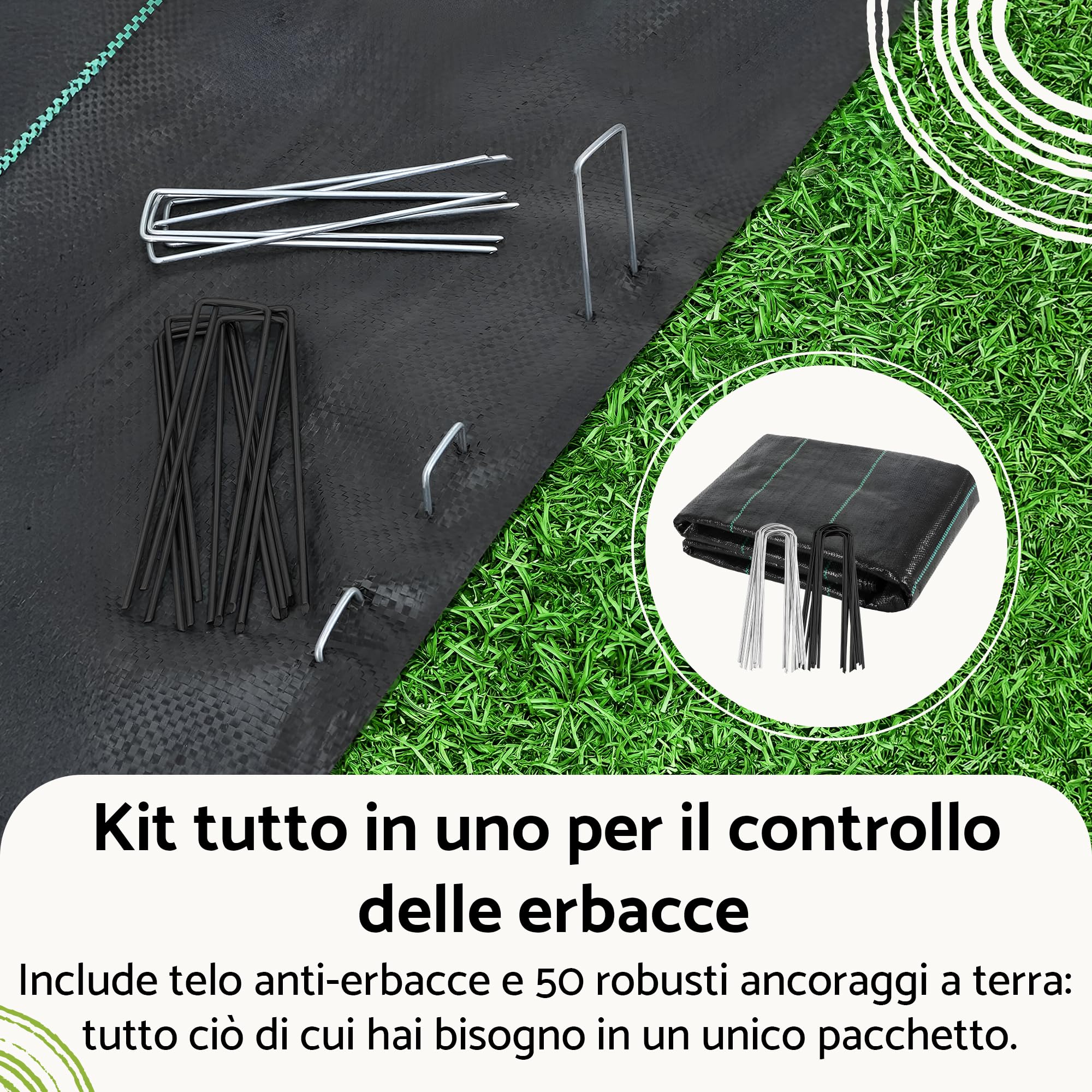 GARDENIX Telo anti-erbacce con 50 ancore 16m² (1,6m x 10m) - Permeabile all'acqua 110g/m² - Nero resistente ai raggi UV, tessuto anti-erbacce, protezione del suolo, tessuto sottoscocca