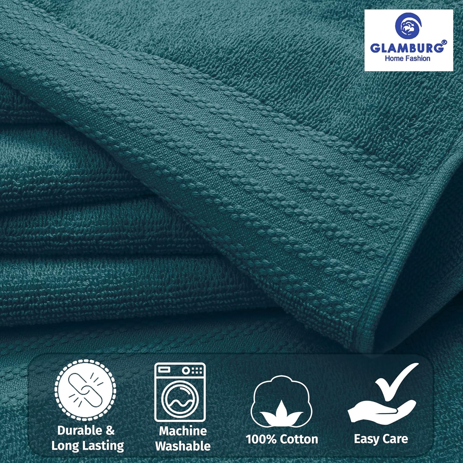 GLAMBURG Ultra Soft 8-Piece Towel Set - 100% Pure Ringspun Cotton, Contains 2 Oversized Bath Towels 27x54, 2 Hand Towels 16x28, 4 Wash Cloths 13x13 - Ideal for Everyday use, Hotel & Spa - Teal