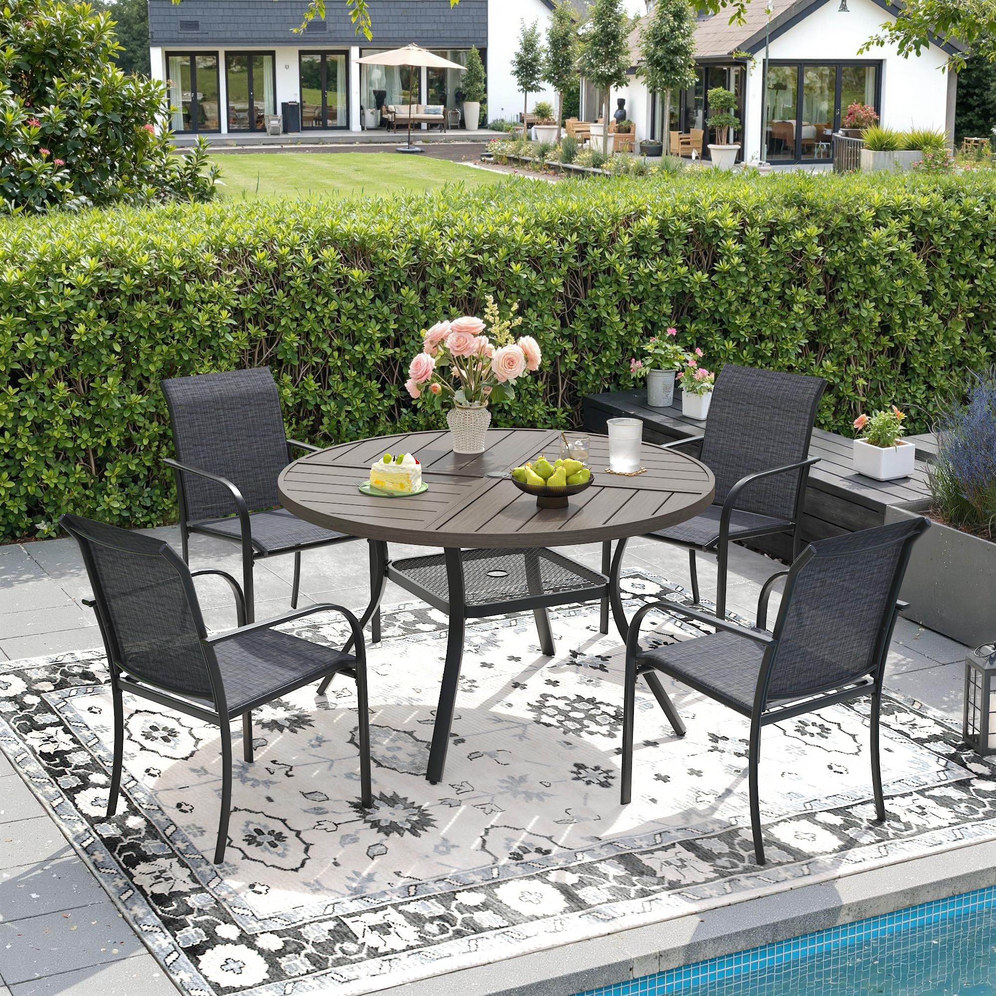 DIFY 5 Pieces Outdoor Patio Dining Set for 4, 40.6" Grey Wood-Like Round Metal Dining Table and 4 Grey Stackable Sling Dining Chairs, Outdoor Table