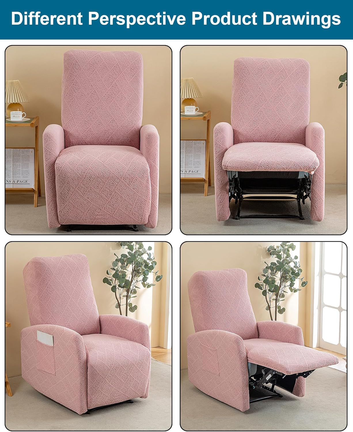 CRFATOP Recliner Chair Covers 4 Pieces Jacquard Small Reclining Slipcovers with Pocket Stretch Recliner Couch Slipcovers for Home Theater 1 Seat Recliner Sofa Cover for Kids Dogs Pets,C27