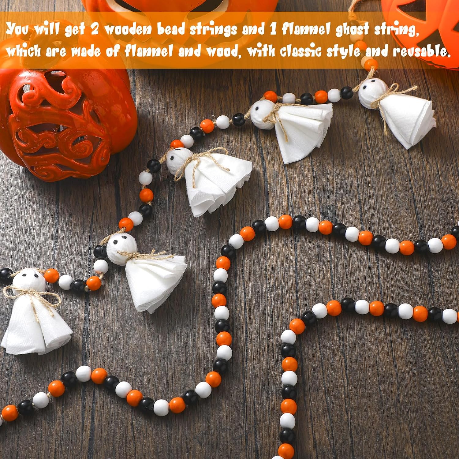 3 Pack Halloween Ghost Garland with Wooden Bead 4.92 ft Vintage Halloween Banner Decor Black Orange White Wooden Bead Banner for Mantle Fireplace Rustic Farmhouse Wall Room Home Indoor Outdoor Decor