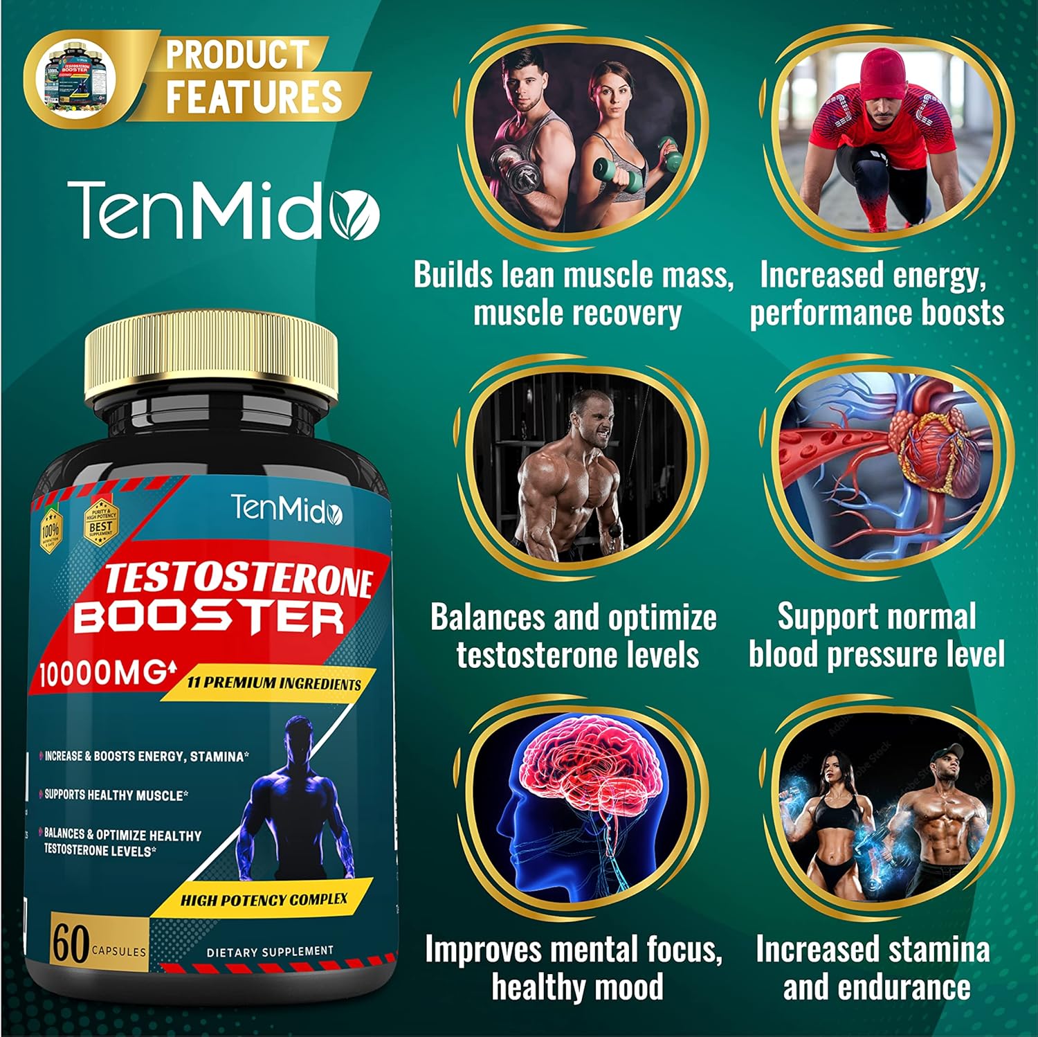 2 Packs of Testosterone Booster for Men, Equivalent to 10000MG - Natural Stamina, Endurance & Strength Supplement - Muscle Building Growth, Increasing Performance, Energy -120 Capsules, 2 Month Supply : Health & Household