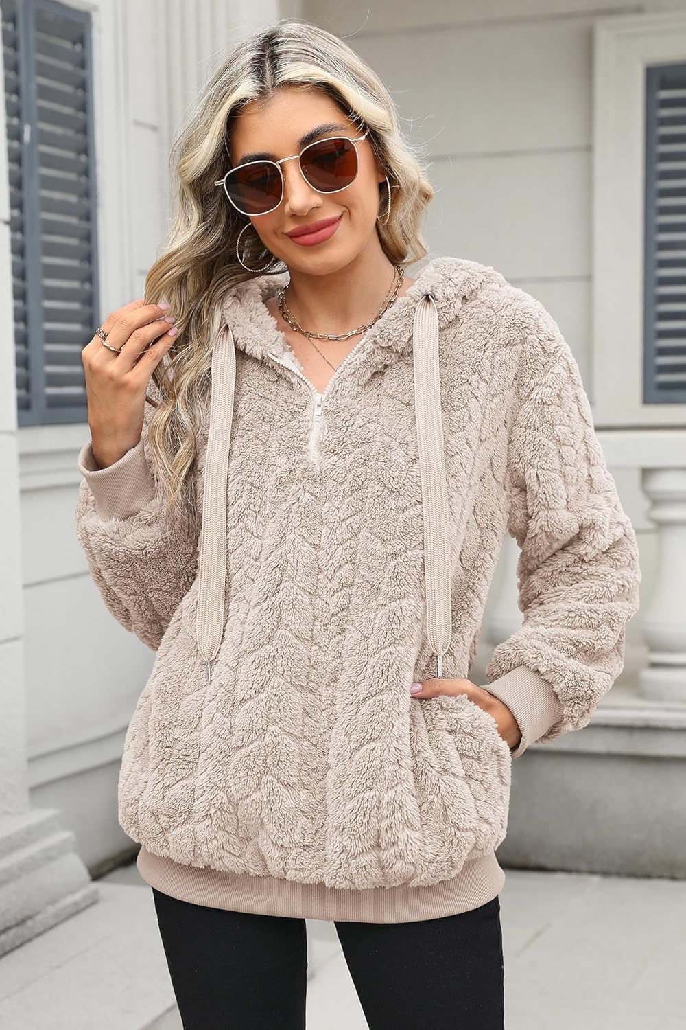 ReachMe Womens Oversized Sherpa Pullover Hoodie with Pockets Fuzzy Fleece Sweatshirt Plaid Fluffy Jacket Coat - Image 4