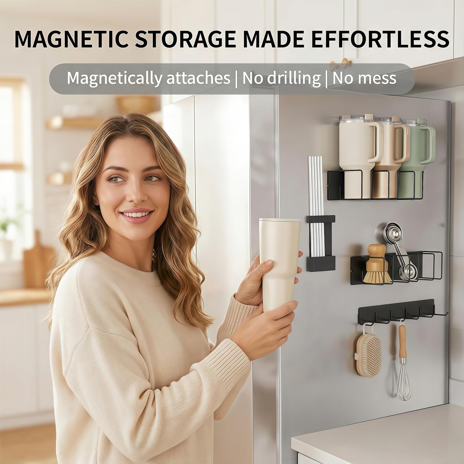 Magnetic Cup Holder for Fridge (4-Piece Set) – Compatible with Stanley Quencher H2.0 & Yeti 20–40oz – Heavy Duty 18LB Anti-Slip Magnetic Organizer with Straw Holder & Hook Rack for Kitchen, Garage - Image 3