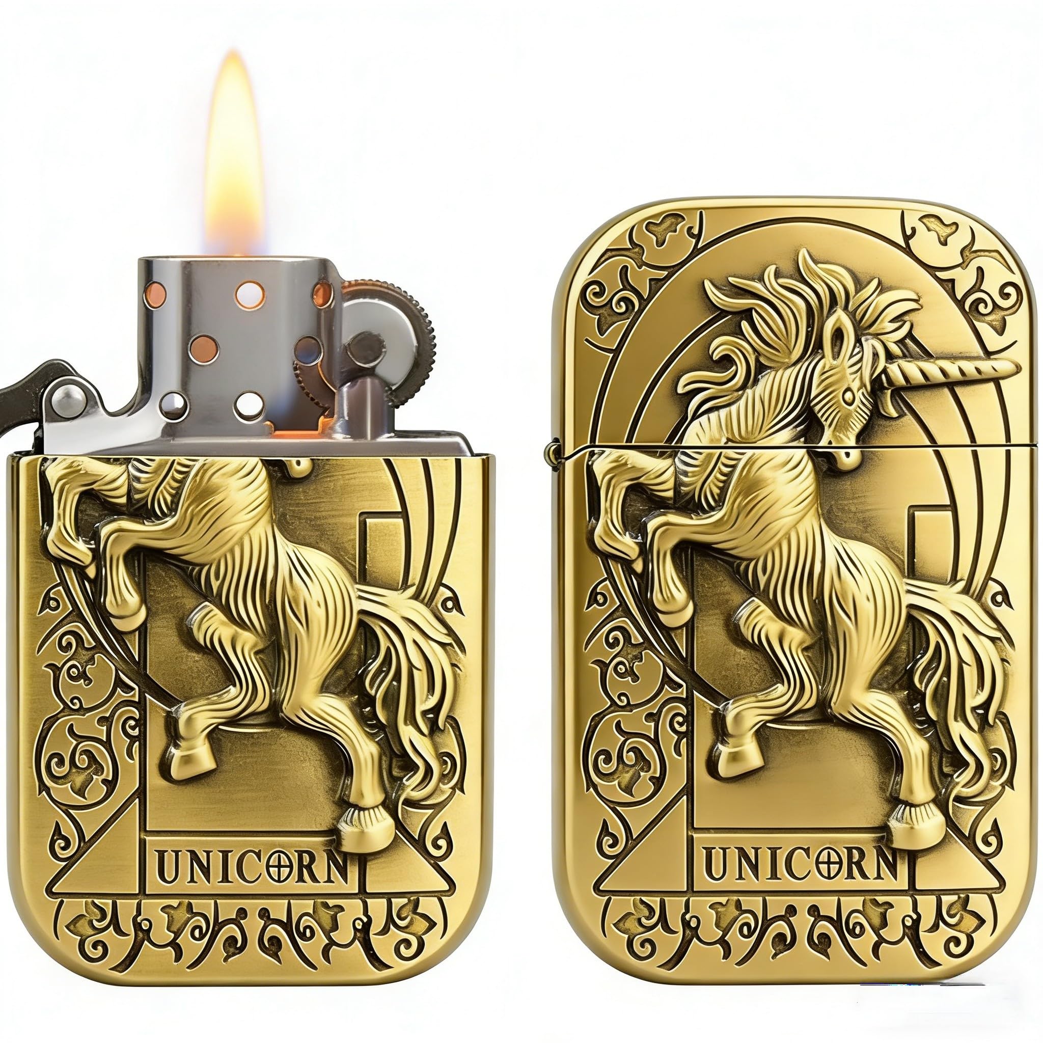 Ewoke Men's Unicorn Vintage Dragon/Wolf/ Carved Kerosene Lighters Animal Themed Windproof Reusable Kerosene Lighter For (Unicorn)