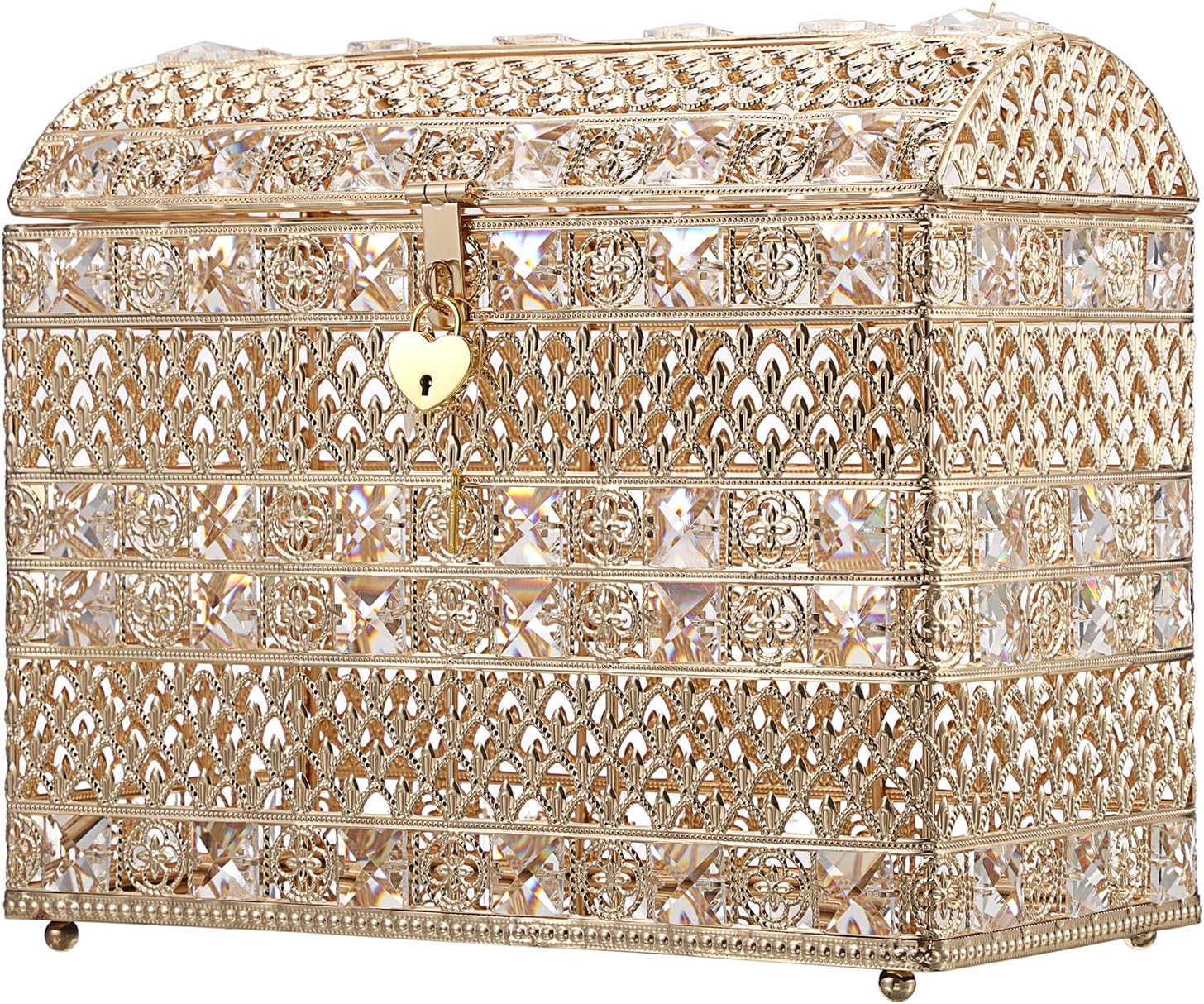 ELLDOO Crystal Wedding Card Box with Heart Lock, 12" Vintage Money Card Box Treasure Chest Style Gold Gift for Wedding Receptions, Centerpiece Decor, Anniversary Keepsake, Gift, Large Size