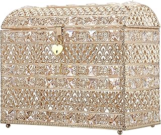 ELLDOO Crystal Wedding Card Box with Heart Lock, Vintage Money Card Box Treasure Chest Style Gold Gift for Wedding Receptions, Centerpiece Decor, Anniversary Keepsake, Gift, Large Size