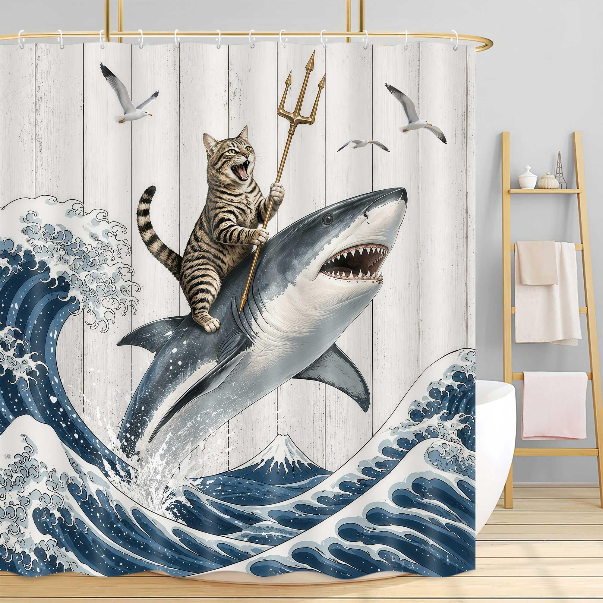 Boziqr Funny Cat Shower Curtain, Cool Cat Shark Ocean Wave Bathroom Decor