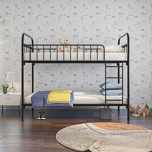 Miniatura 3 de BOFENG Literas de metal de tamaño individual sobre individual con escaleras laterales, marco de cama resistente con barandilla para dormitorio