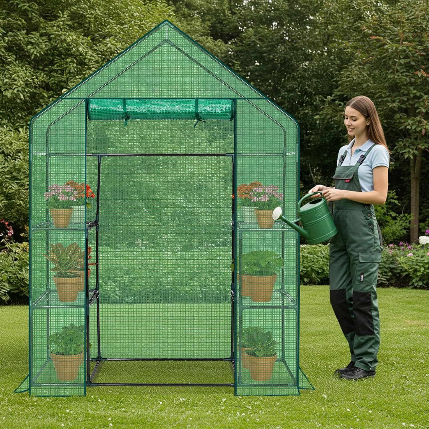 Greenhouse for Outdoors,Walk in Plant Greenhouses with Shelves,Heavy Duty with Durable PE Cover,Plant Stands Portable Green House for Garden Plants (Green)