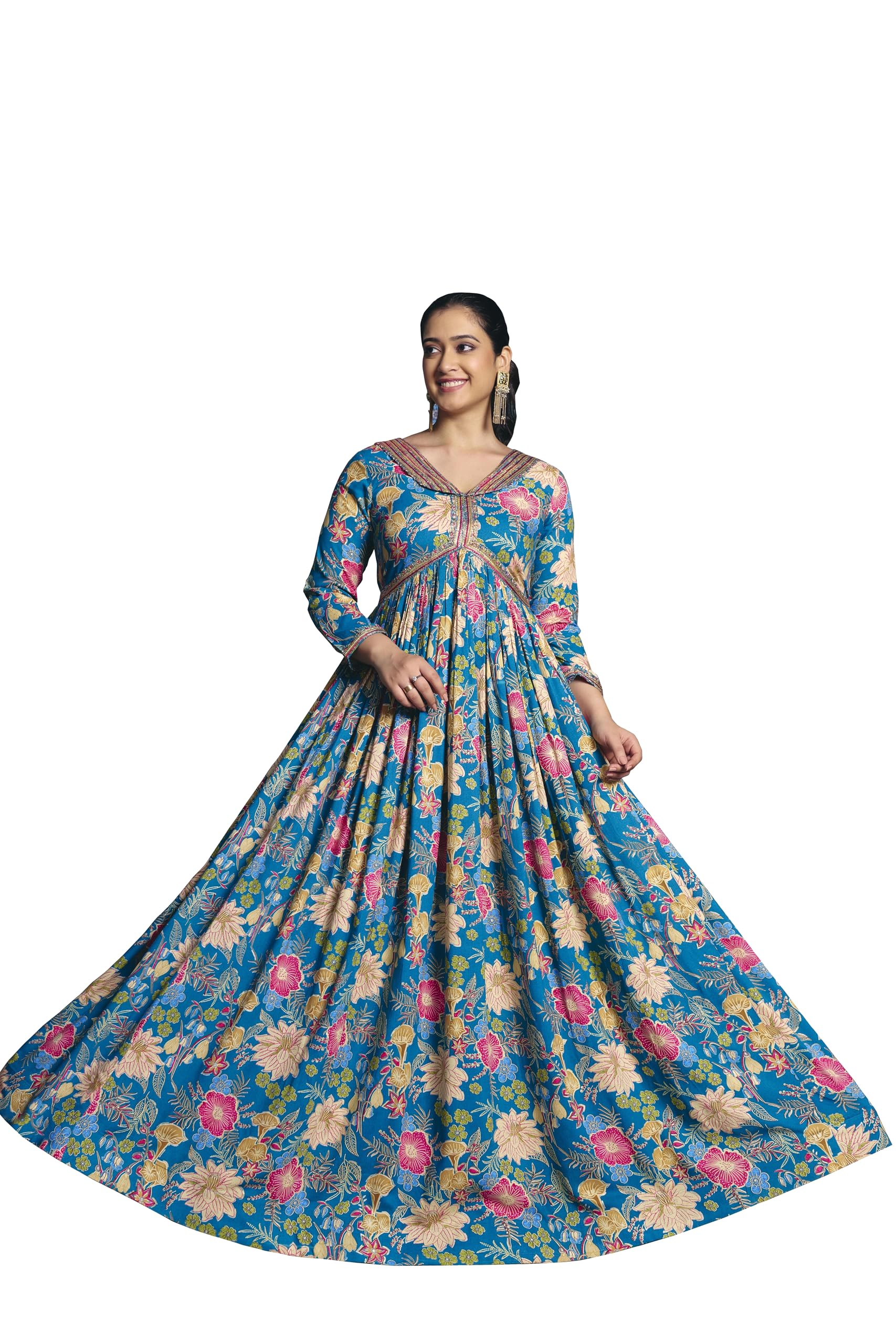 madhuram textiles Women’s Rayon Printed Flared Anarkali Gown | Embroidered V-Neck Long Dress | Ethnic Wear Gown(M-2575)-picture-28