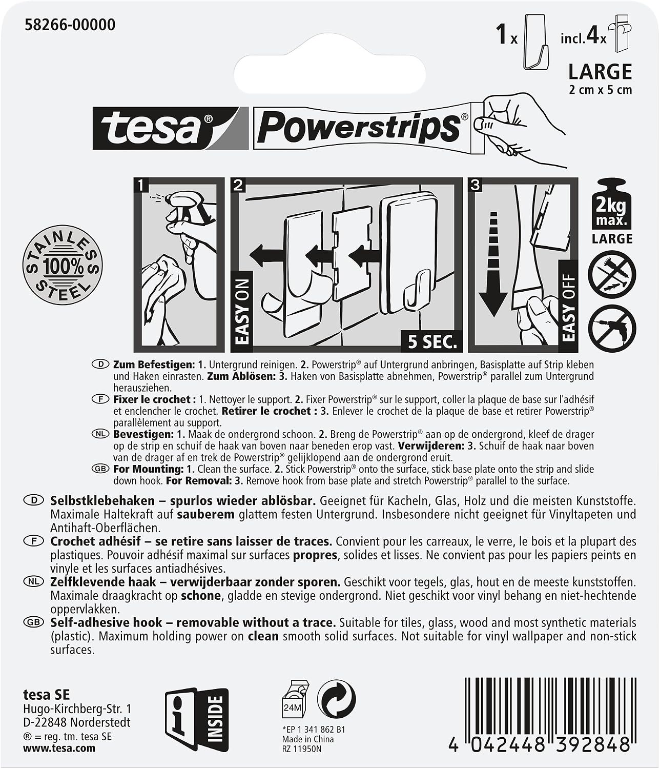 tesa Powerstrips Hook - Self-Adhesive Wall Hook for Glass, Tiles, Wood, Plastic and Other Surfaces - Metal Rectangular Hook - Powerstrips Technology - Large
