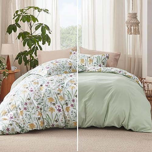 Vista 130 de Bedsure - Funda de edredón tamaño Queen, reversible con cierre de cremallera, juego de ropa de cama blanco, 3 piezas con 8 lazos en las esquinas y 2