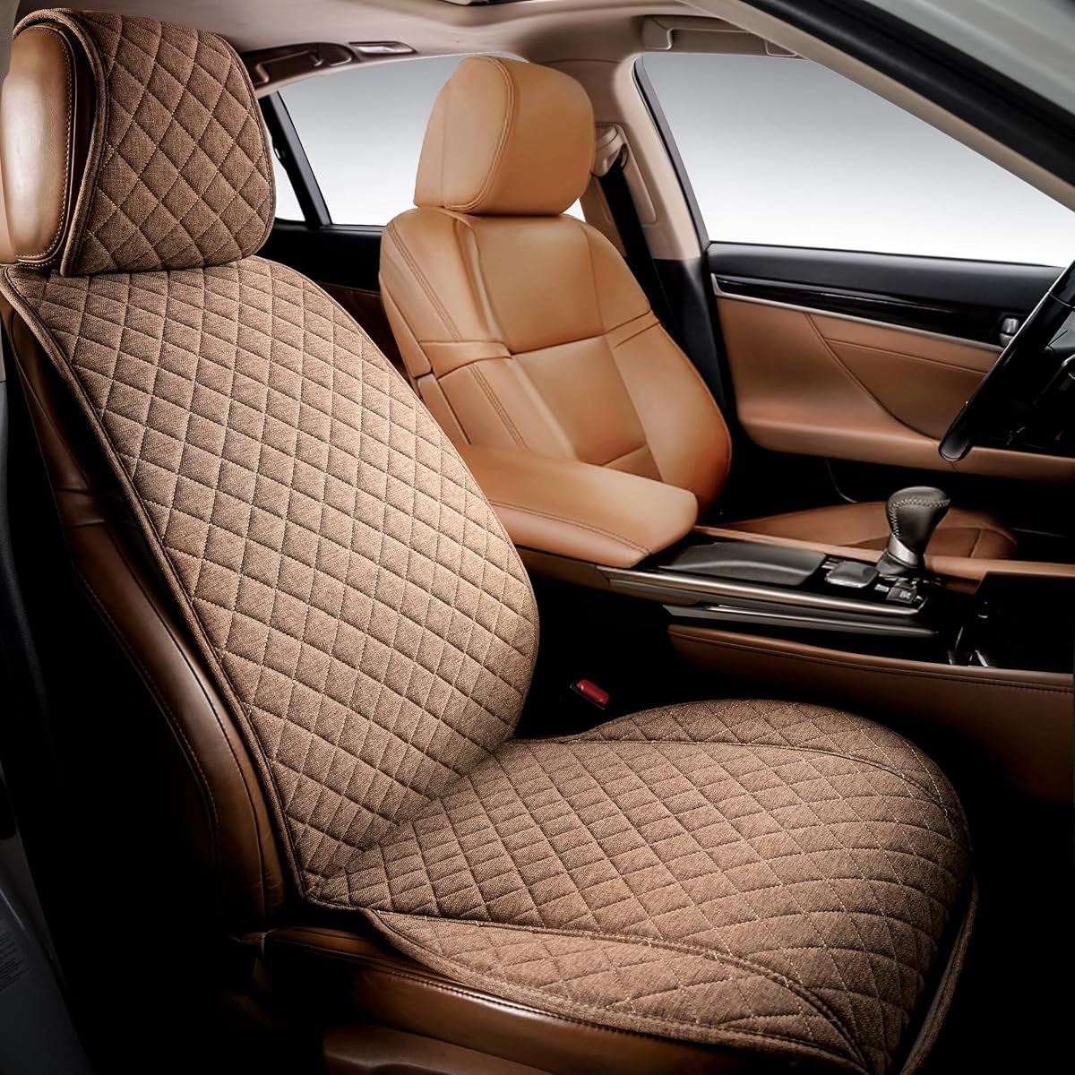 Faux Linen Front Car Seat Cover, Seat Protector, 1 Unit, Light Brown | Non-Slip Bucket Sear Cover for Most Cars, SUVs, Vans & Trucks – Machine Washable, Side-Airbag Friendly