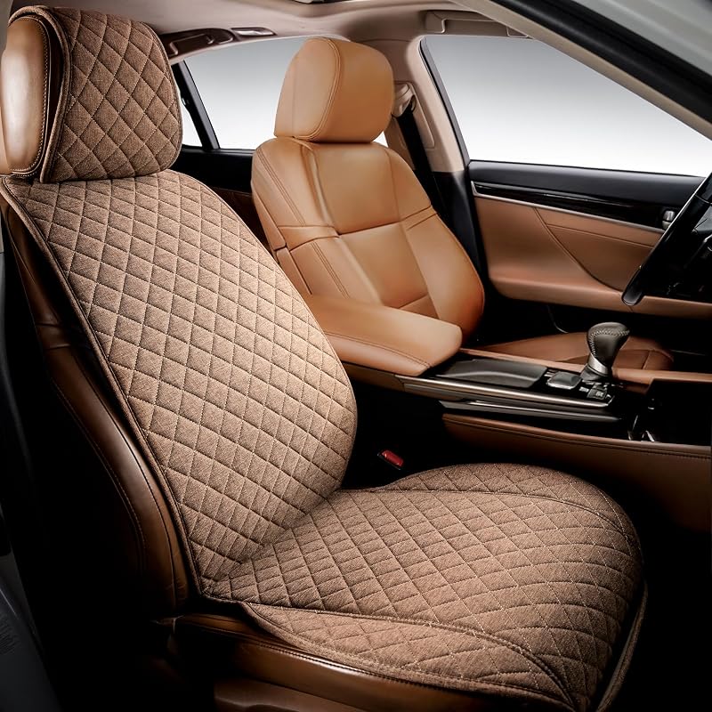 Faux Linen Front Car Seat Cover, Seat Protector, 1 Unit, Light Brown | Non-Slip Bucket Sear Cover for Most Cars, SUVs, Vans & Trucks – Machine Washable, Side-Airbag Friendly