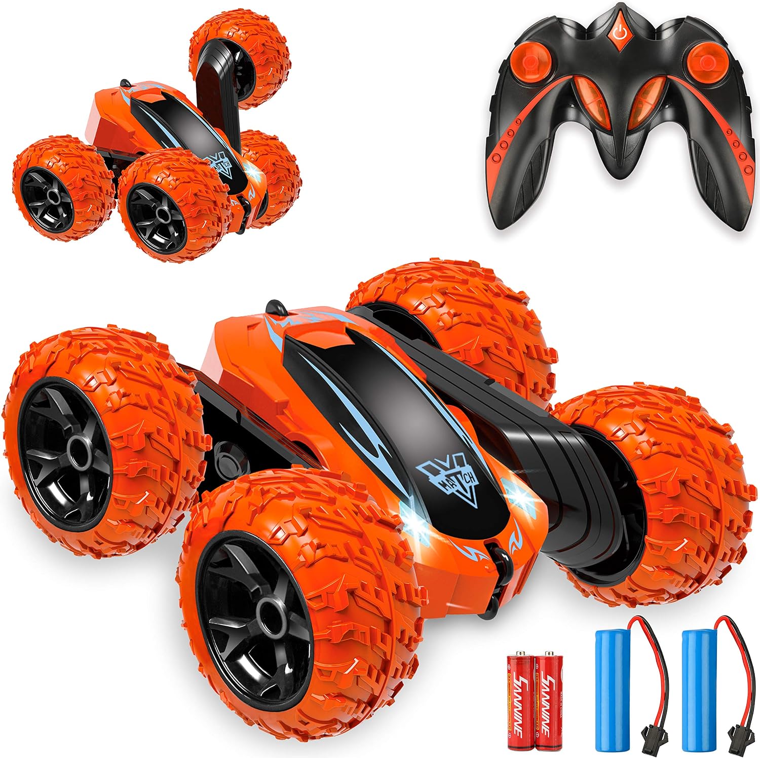 KKONES Remote Control car,2.4GHz Electric Race Stunt Car,Double Sided 360° Rolling Rotating Rotation, LED Headlights RC 4WD High Speed Off Road for 3 4 5 6 7 8-12 Year Old Boy Toys