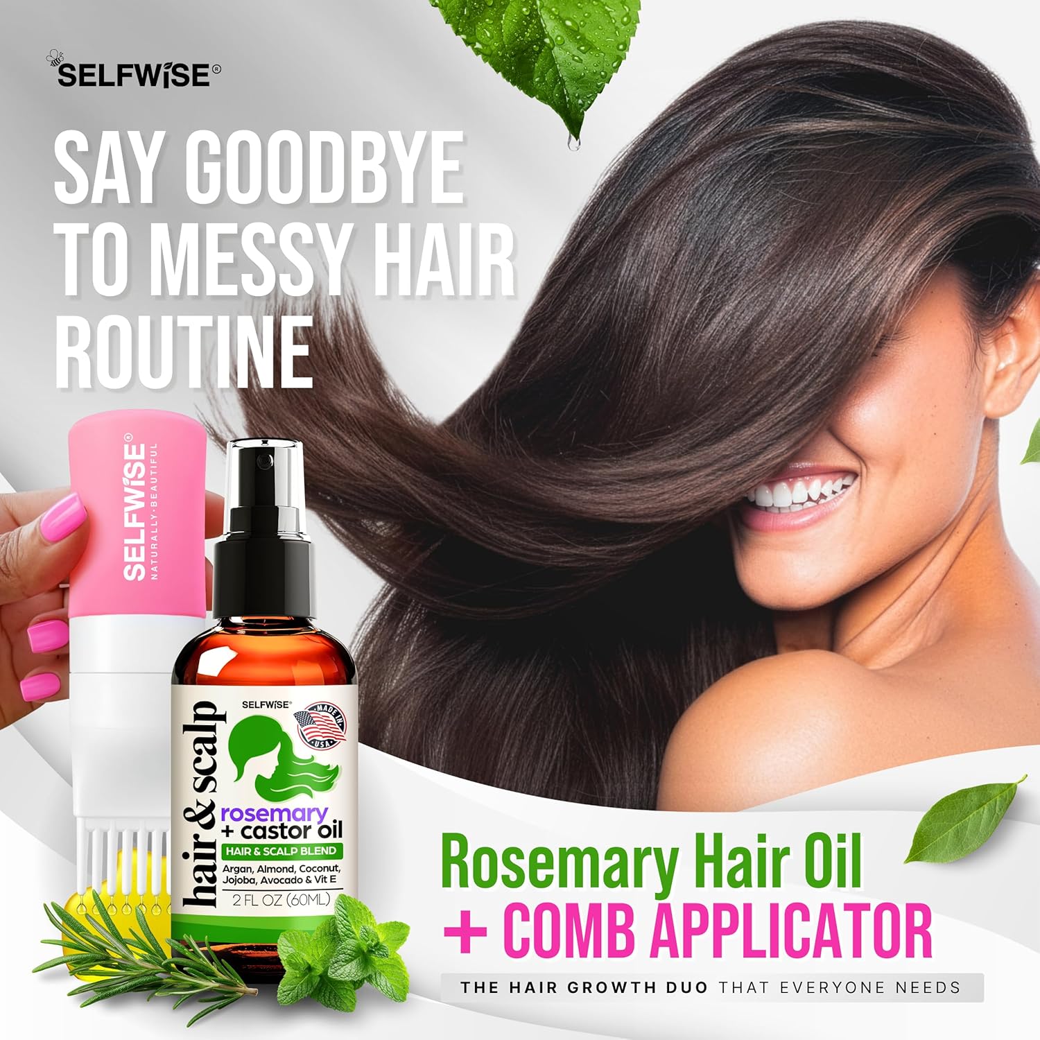 Organic Rosemary Oil For Hair Growth + Applicator with Castor, Argan, Coconut, Almond, Jojoba, Avocado, Vitamin E & Peppermint for Hair & Scalp Treatment, All Hair Types, Men & Women 2oz - Image 2